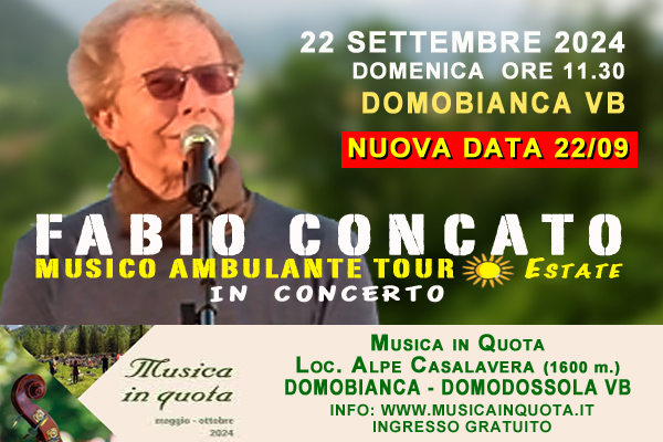 Concerto Domobianza 08/09 rinviato per maltempo; nuova data DOMENICA 22/09